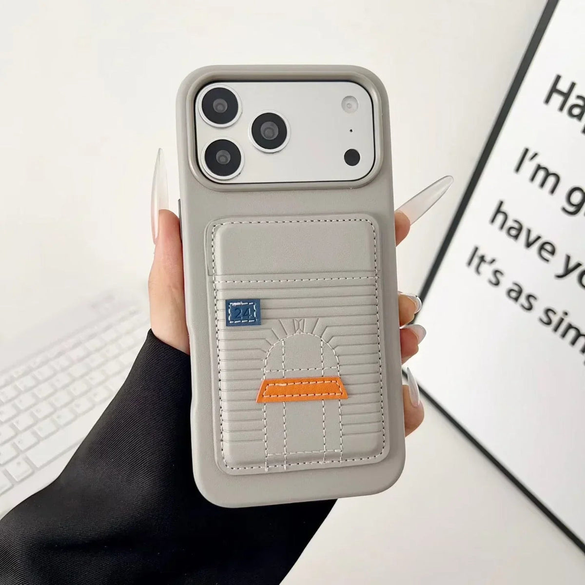 Gray Hermès iPhone 17 Pro Max Case with Card Slot – Luxury Leather Hermes Phone Case - Serene