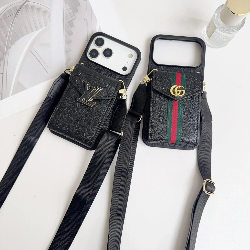 Two black wallet phone cases showing closed and open cardholder designs