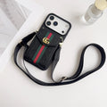 Black Gucci-pattern wallet phone case with a red and green stripe and carrying strap