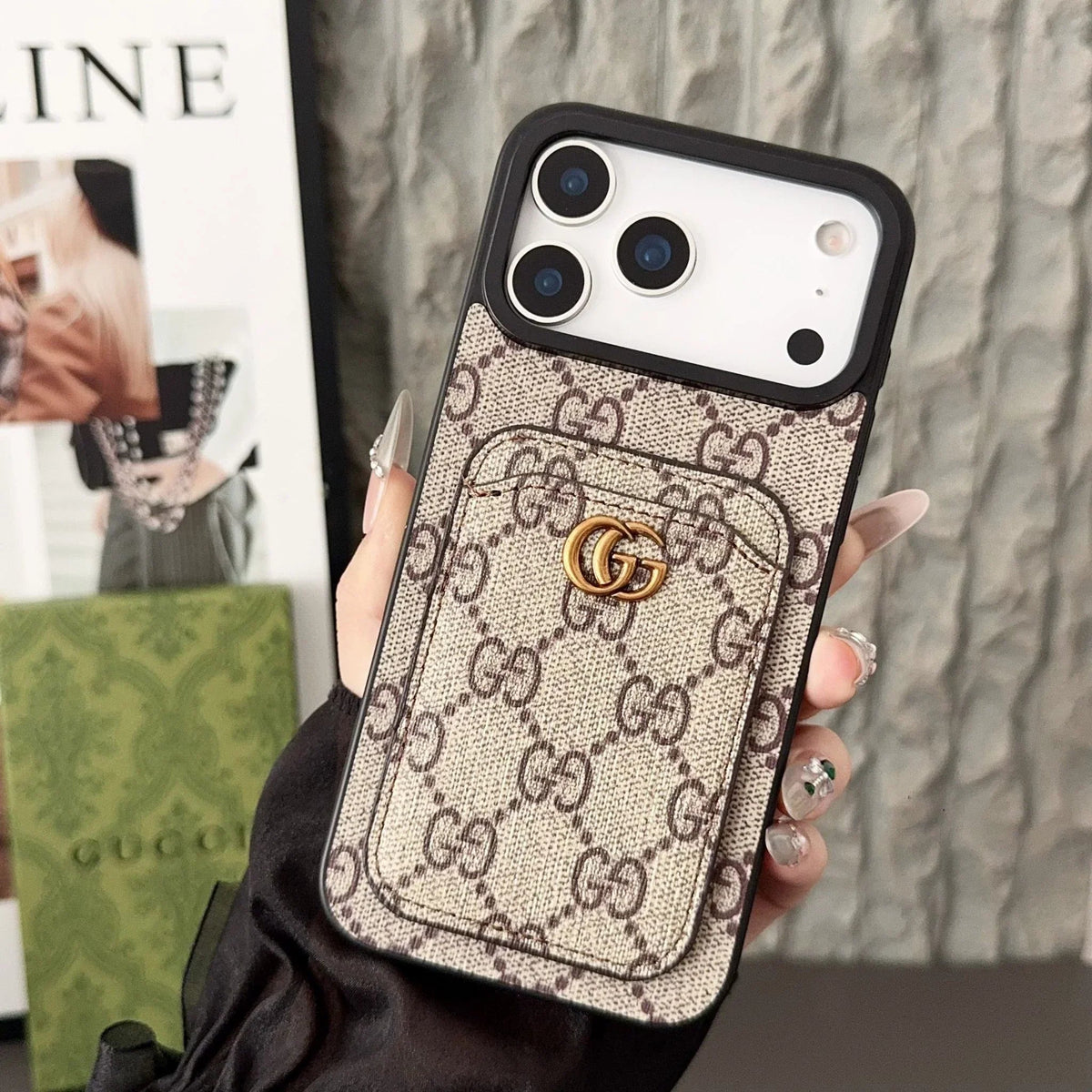 Gucci iPhone 18 Pro Case with Cardholder – Black GG Canvas Luxury Wallet Case - Serene