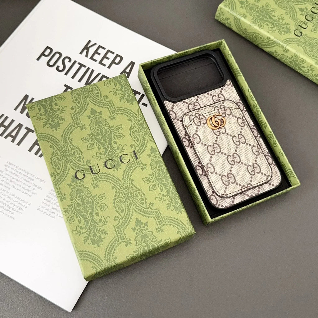 Gucci iPhone 18 Pro Case with Cardholder – Black GG Canvas Luxury Wallet Case - Serene