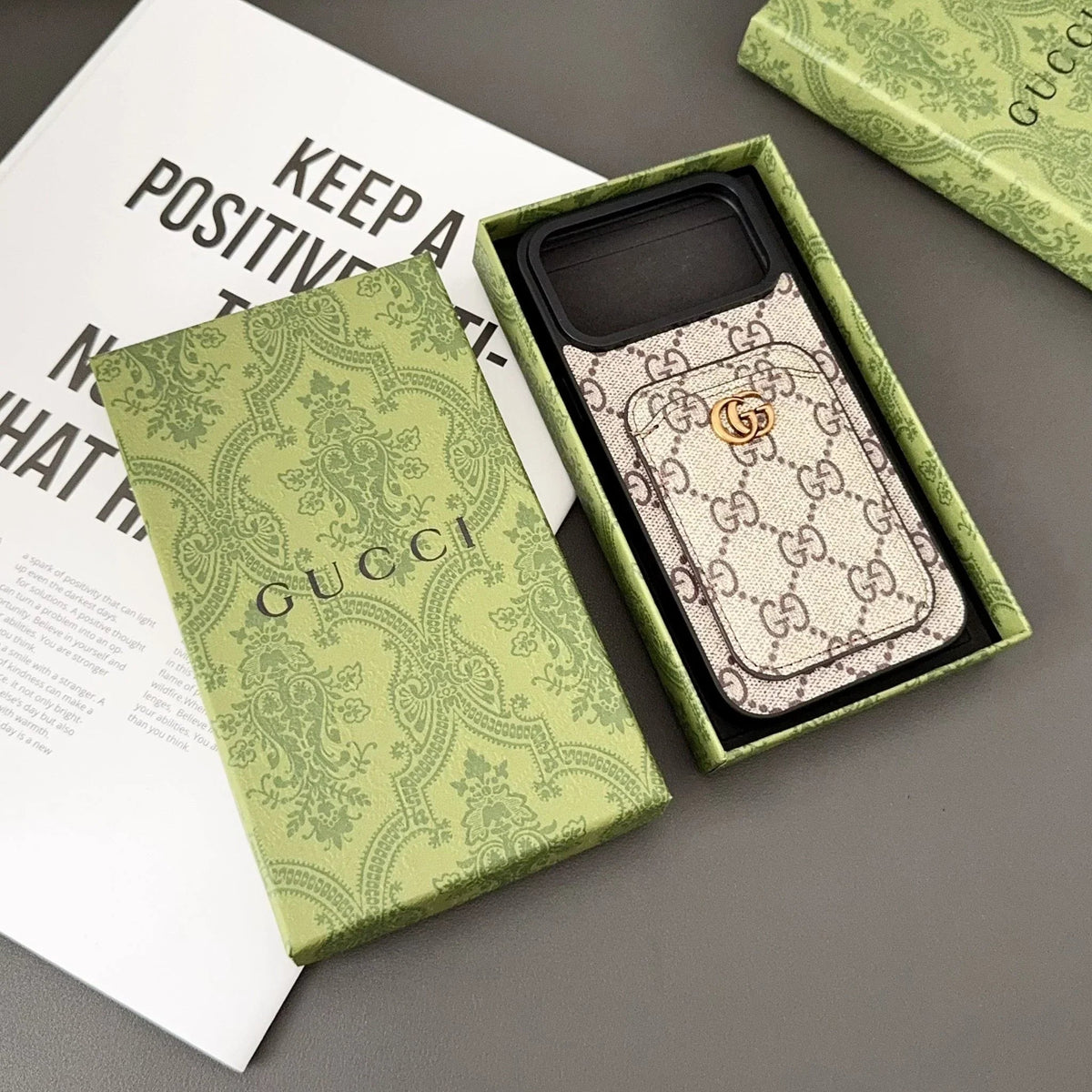 Gucci iPhone 18 Pro Case with Cardholder – Black GG Canvas Luxury Wallet Case - Serene