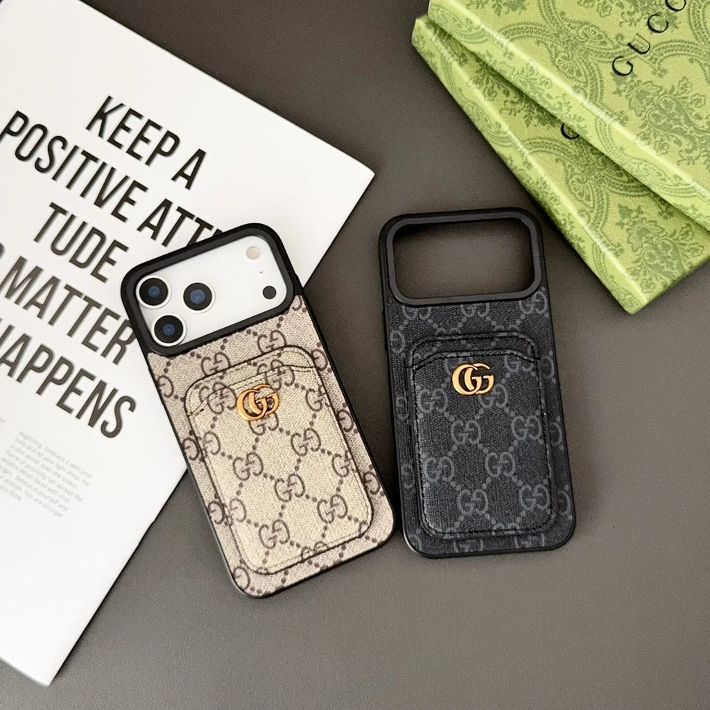 Gucci iPhone 18 Pro Case with Cardholder – Black GG Canvas Luxury Wallet Case - Serene