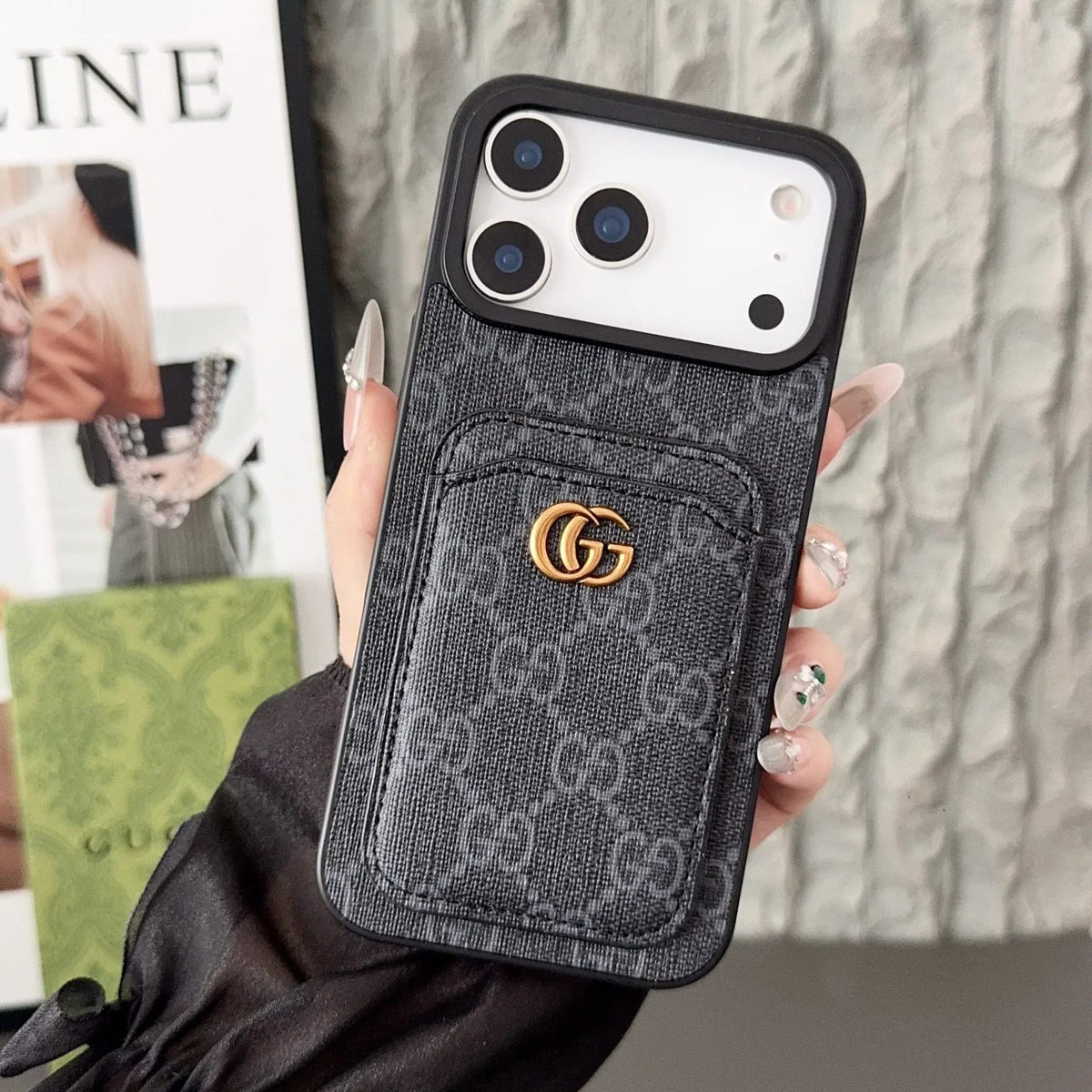 Gucci iPhone 18 Pro Case with Cardholder – Black GG Canvas Luxury Wallet Case - Serene