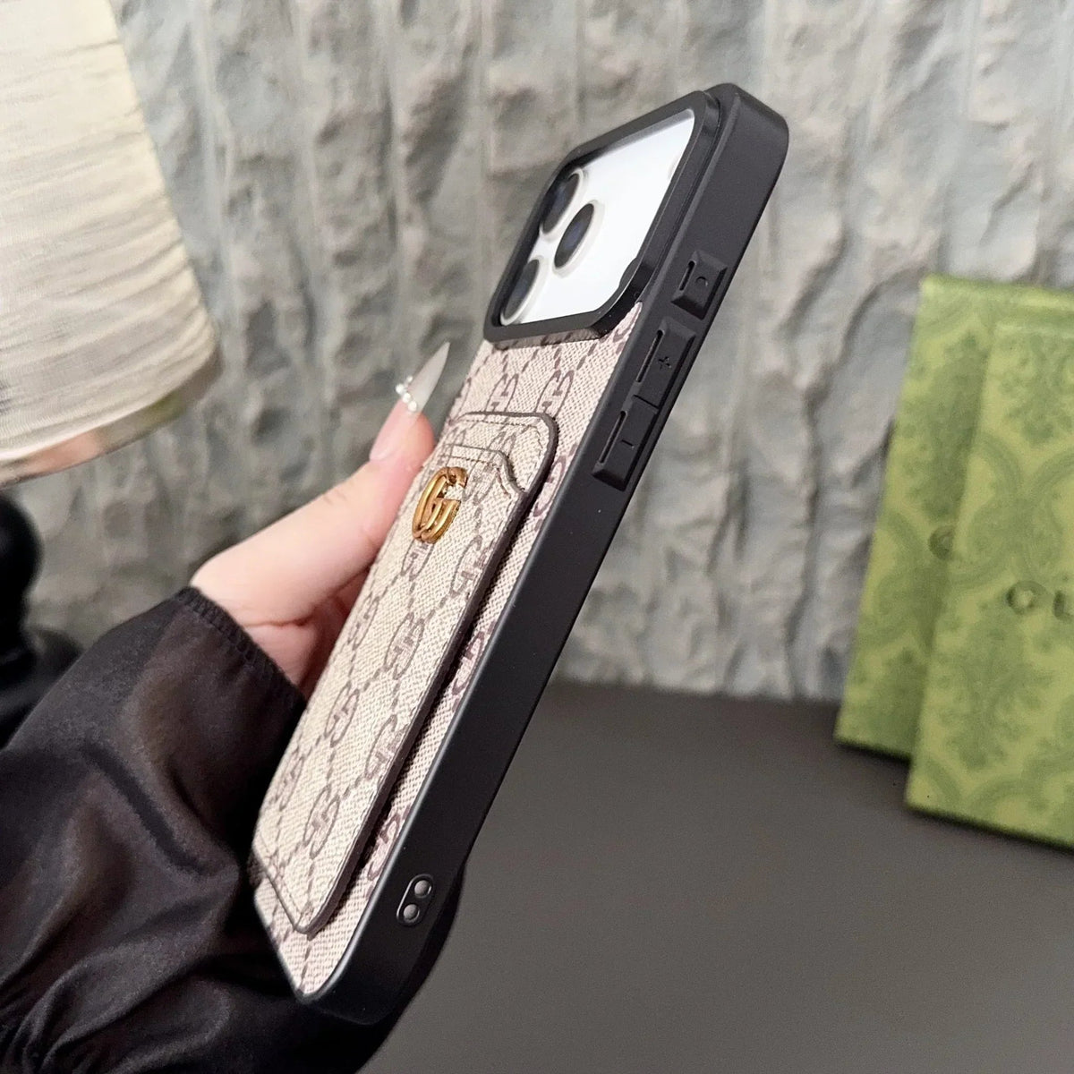Gucci iPhone 18 Pro Case with Cardholder – Black GG Canvas Luxury Wallet Case - Serene