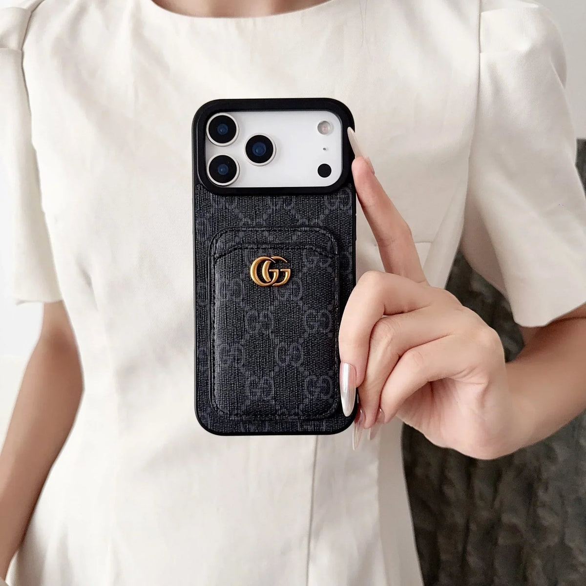 Gucci iPhone 18 Pro Case with Cardholder – Black GG Canvas Luxury Wallet Case - Serene
