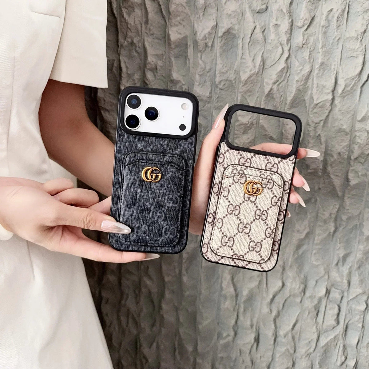 Gucci iPhone 18 Pro Case with Cardholder – GG Canvas Luxury Wallet Case - Serene