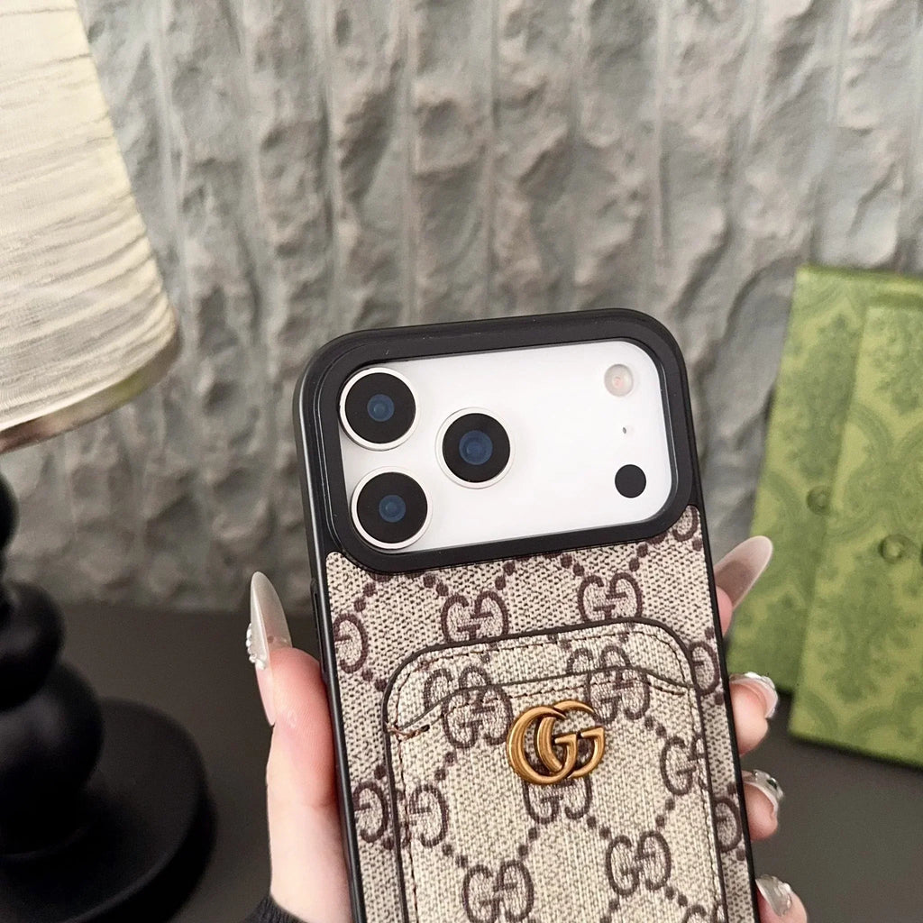 Gucci iPhone 18 Pro Case with Cardholder – GG Canvas Luxury Wallet Case - Serene