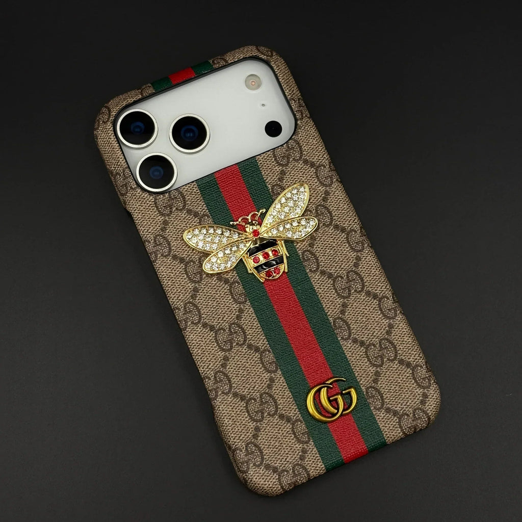 Gucci Ophidia iPhone 18 Pro Case with Web Stripe & Bee – Luxury GG Supreme Phone Case - Serene