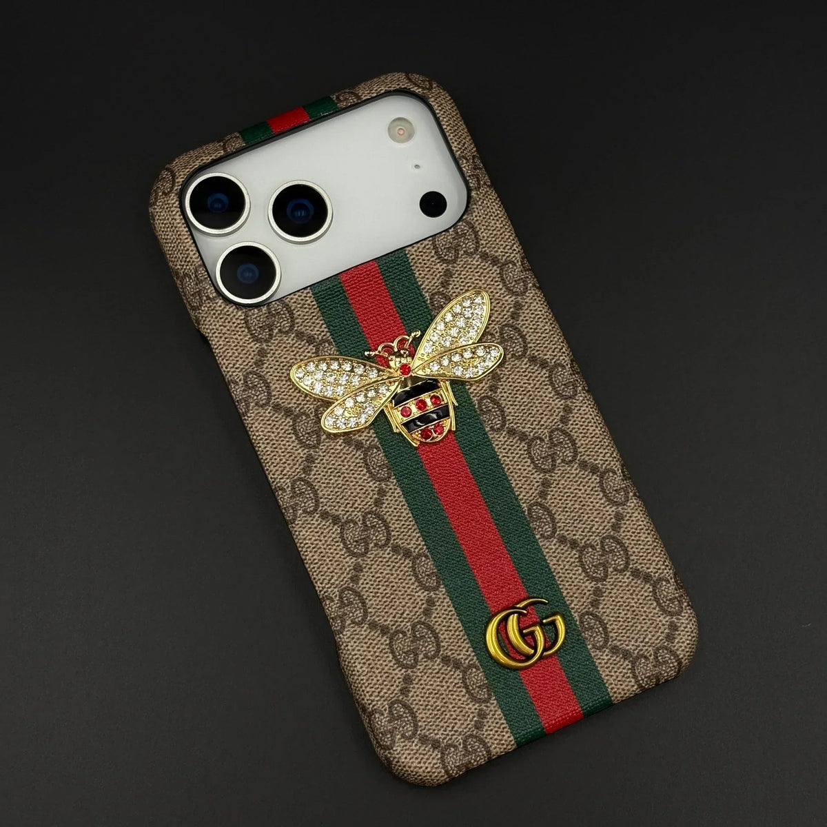 Gucci Ophidia iPhone 18 Pro Case with Web Stripe & Bee – Luxury GG Supreme Phone Case - Serene