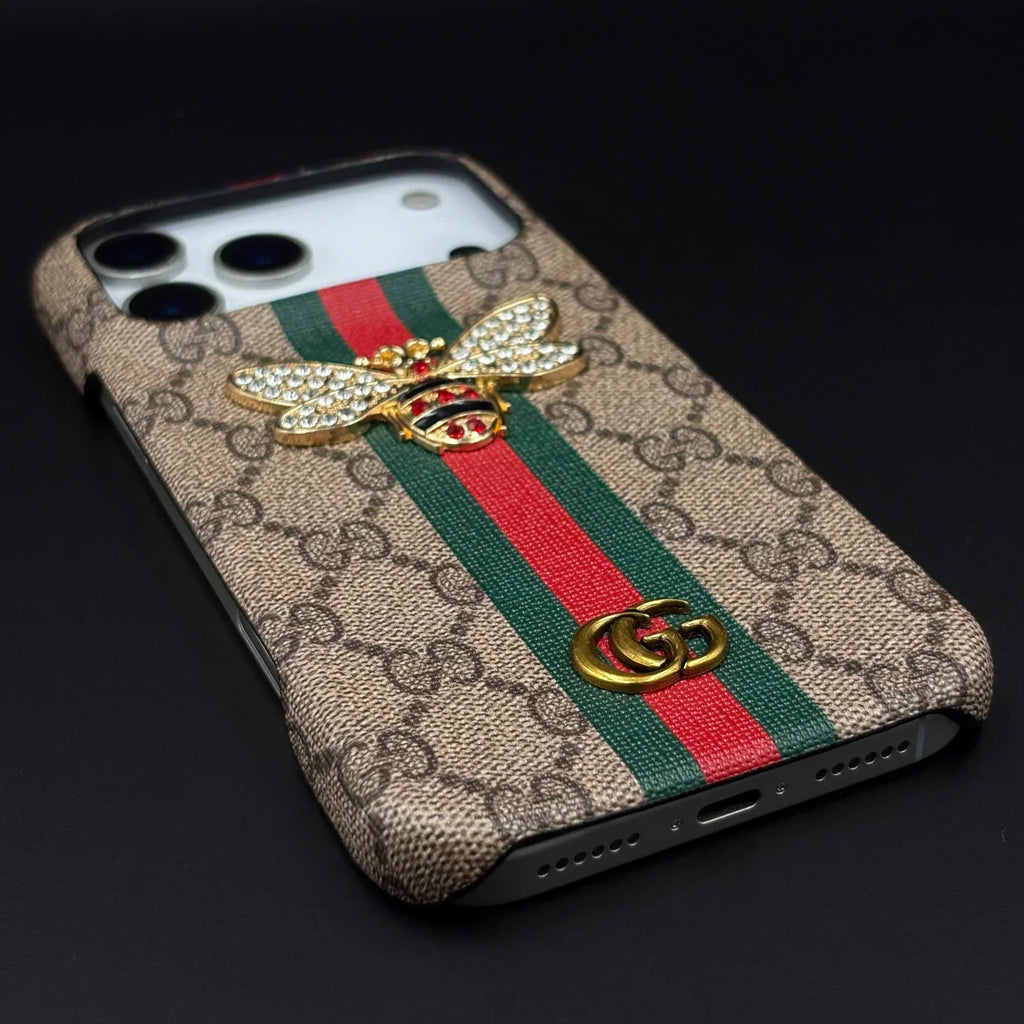 Gucci Ophidia iPhone 18 Pro Case with Web Stripe & Bee – Luxury GG Supreme Phone Case - Serene
