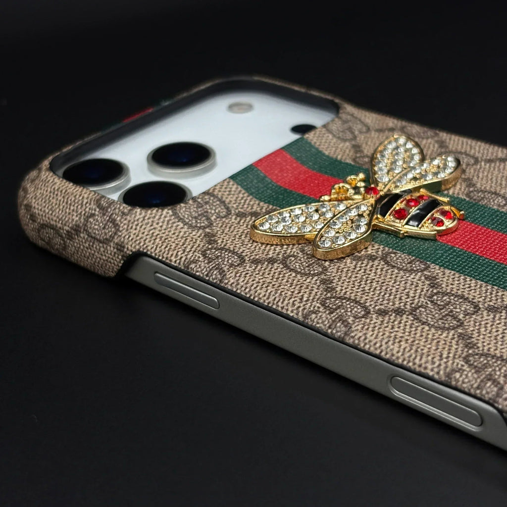 Gucci Ophidia iPhone 18 Pro Case with Web Stripe & Bee – Luxury GG Supreme Phone Case - Serene