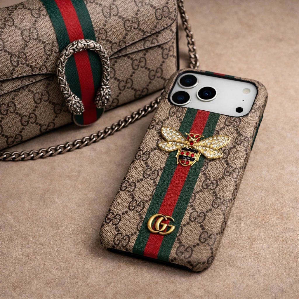 Gucci Ophidia iPhone 18 Pro Case with Web Stripe & Bee – Luxury GG Supreme Phone Case - Serene