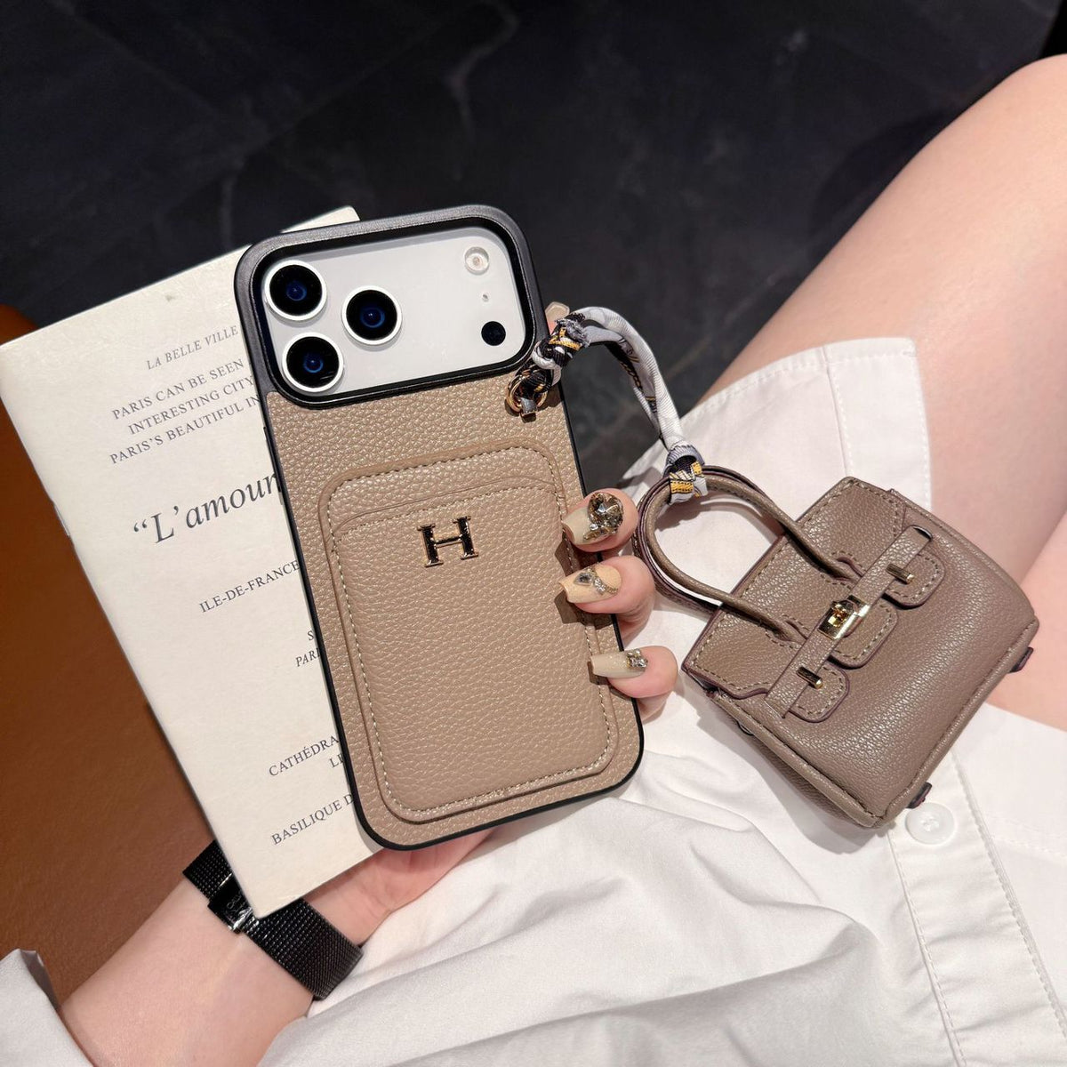 Hermes iPhone 17 Pro Max Case with AirPods Cover – Luxury Leather Designer Set White - Serene