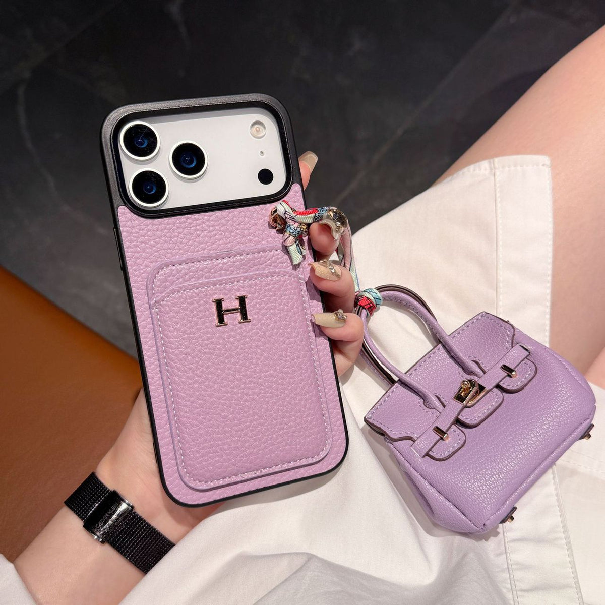 Hermes iPhone 17 Pro Max Case with AirPods Cover – Luxury Leather Designer Set White - Serene