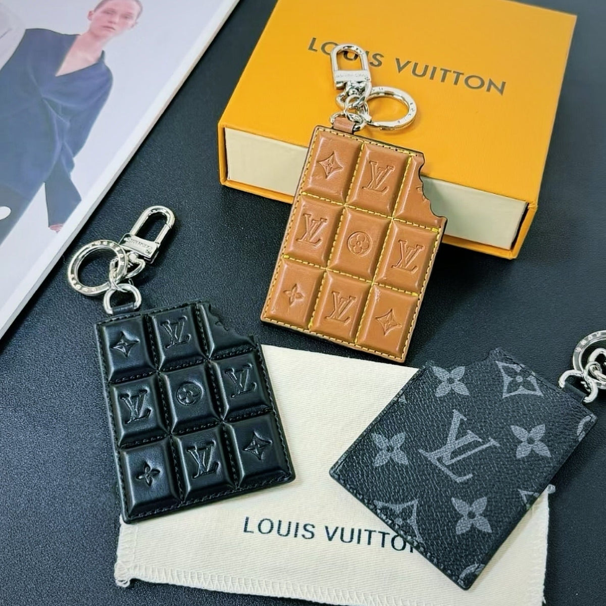 Louis Vuitton Damier Leather Chocolate Keychain | Luxury Designer Bag Charm & Car Key Holder - Serene