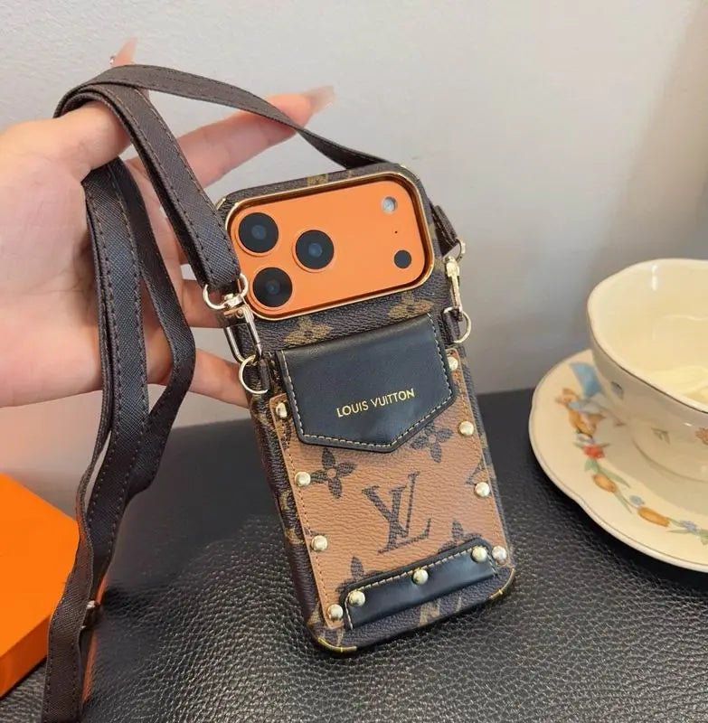 Louis Vuitton iPhone 18 Pro Case Crossbody – LV Strap Wallet Cover Black - Serene