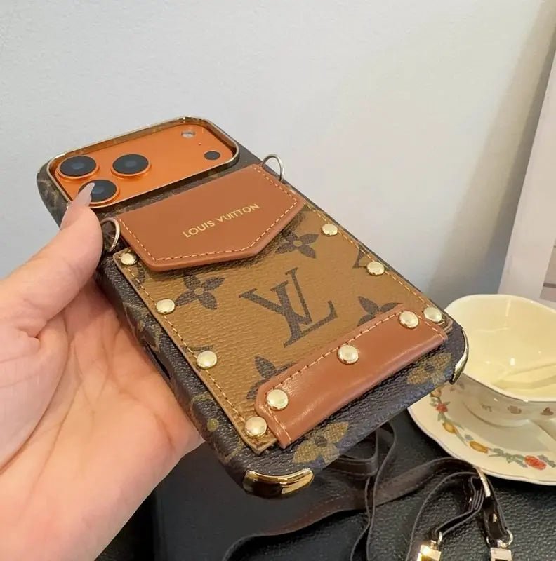 Louis Vuitton iPhone 18 Pro Case Crossbody – LV Strap Wallet Cover Black - Serene