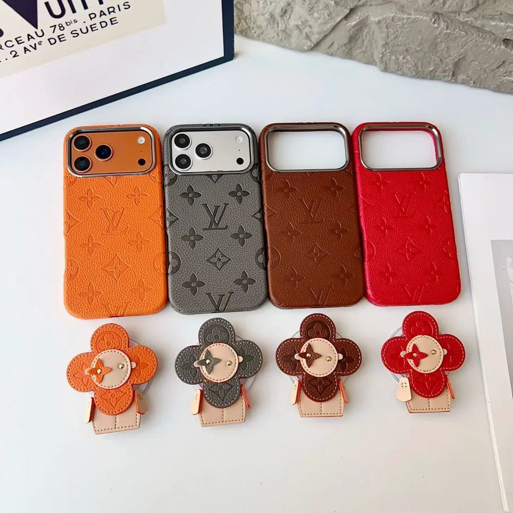 Louis Vuitton iPhone 18 Pro Case MagSafe Leather with Flower Grip – Brown - Serene