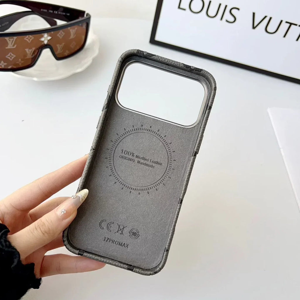 Louis Vuitton iPhone 18 Pro Case MagSafe Leather with Flower Grip – Gray - Serene