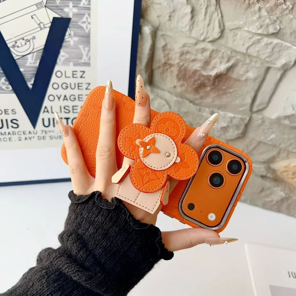 Louis Vuitton iPhone 18 Pro Case MagSafe Leather with Flower Grip – Orange - Serene