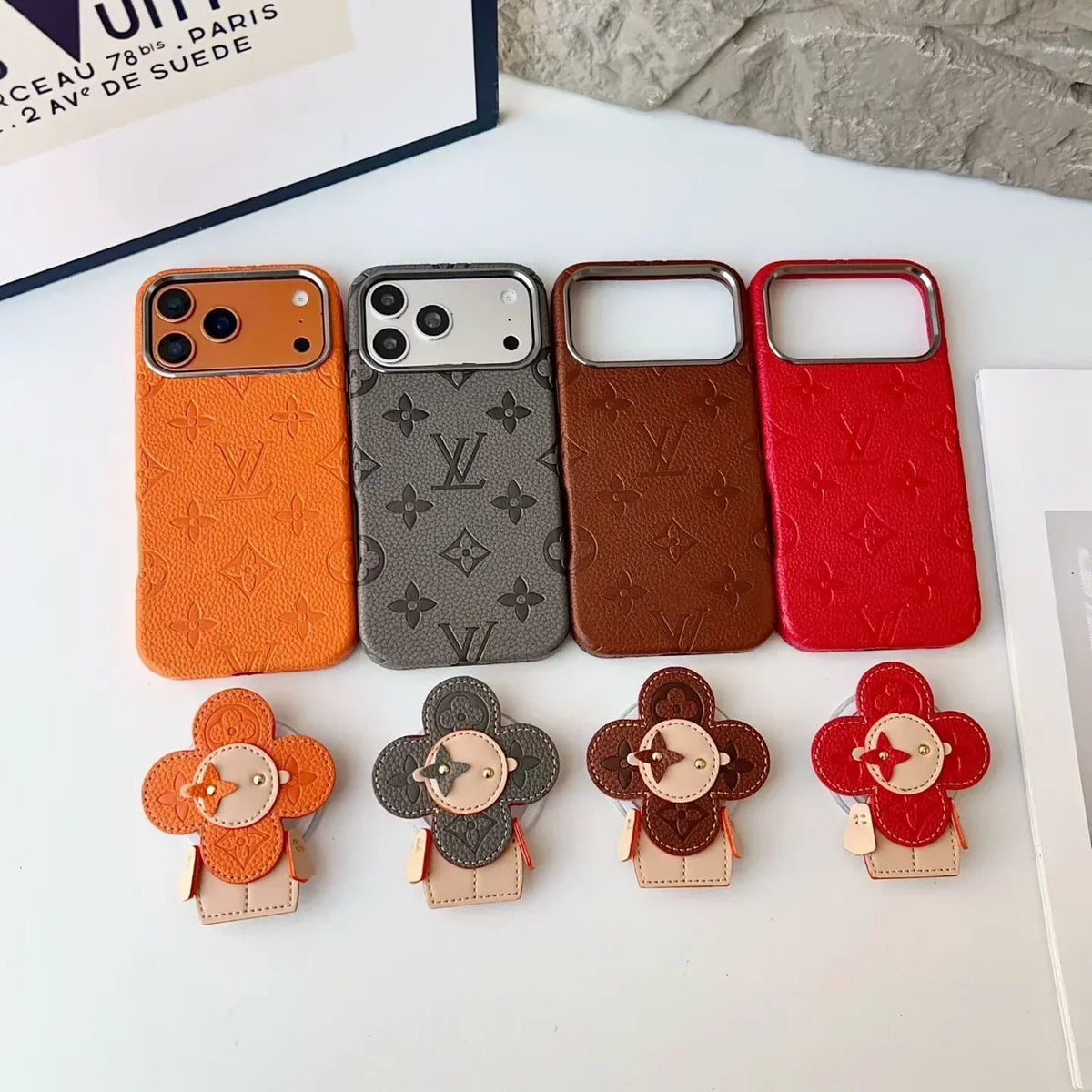 Louis Vuitton iPhone 18 Pro Case MagSafe Leather with Flower Grip – Orange - Serene