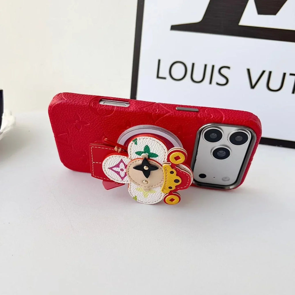 Louis Vuitton iPhone 18 Pro Case MagSafe Leather with Flower Grip – Orange - Serene