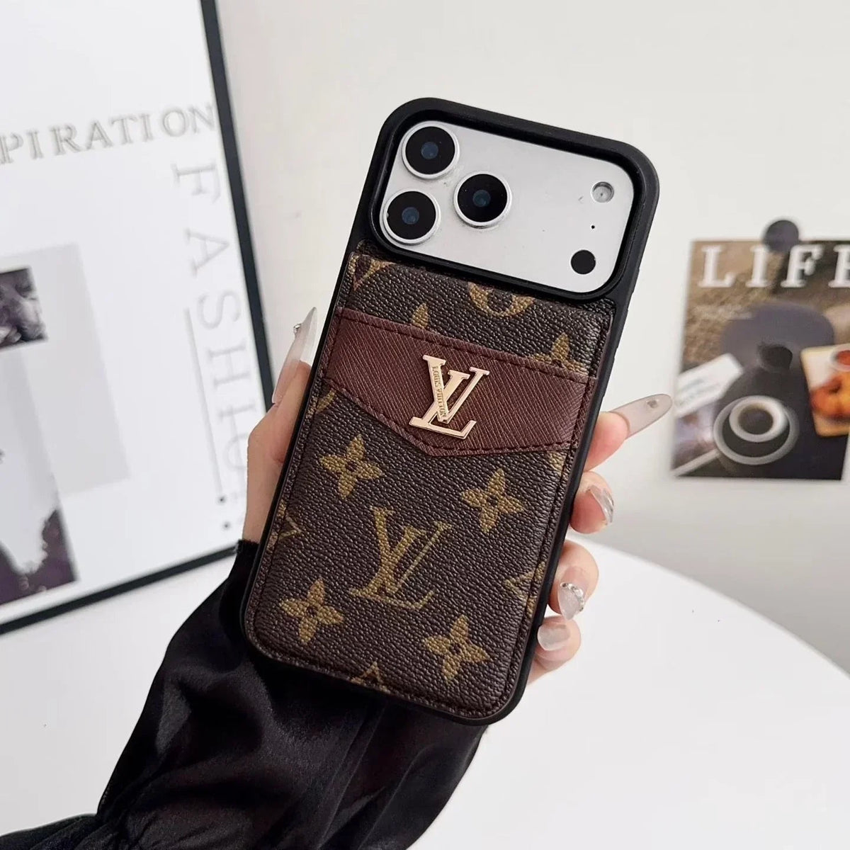 Louis Vuitton iPhone 18 Pro Case with Card Holder – Dark gray Classic Monogram Leather - Serene