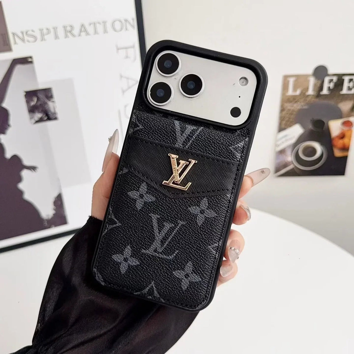 Louis Vuitton iPhone 18 Pro Case with Card Holder – Dark gray Classic Monogram Leather - Serene