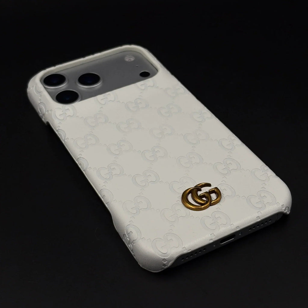 Luxury Gucci iPhone 18 Pro Case | GG Monogram Leather White - Serene