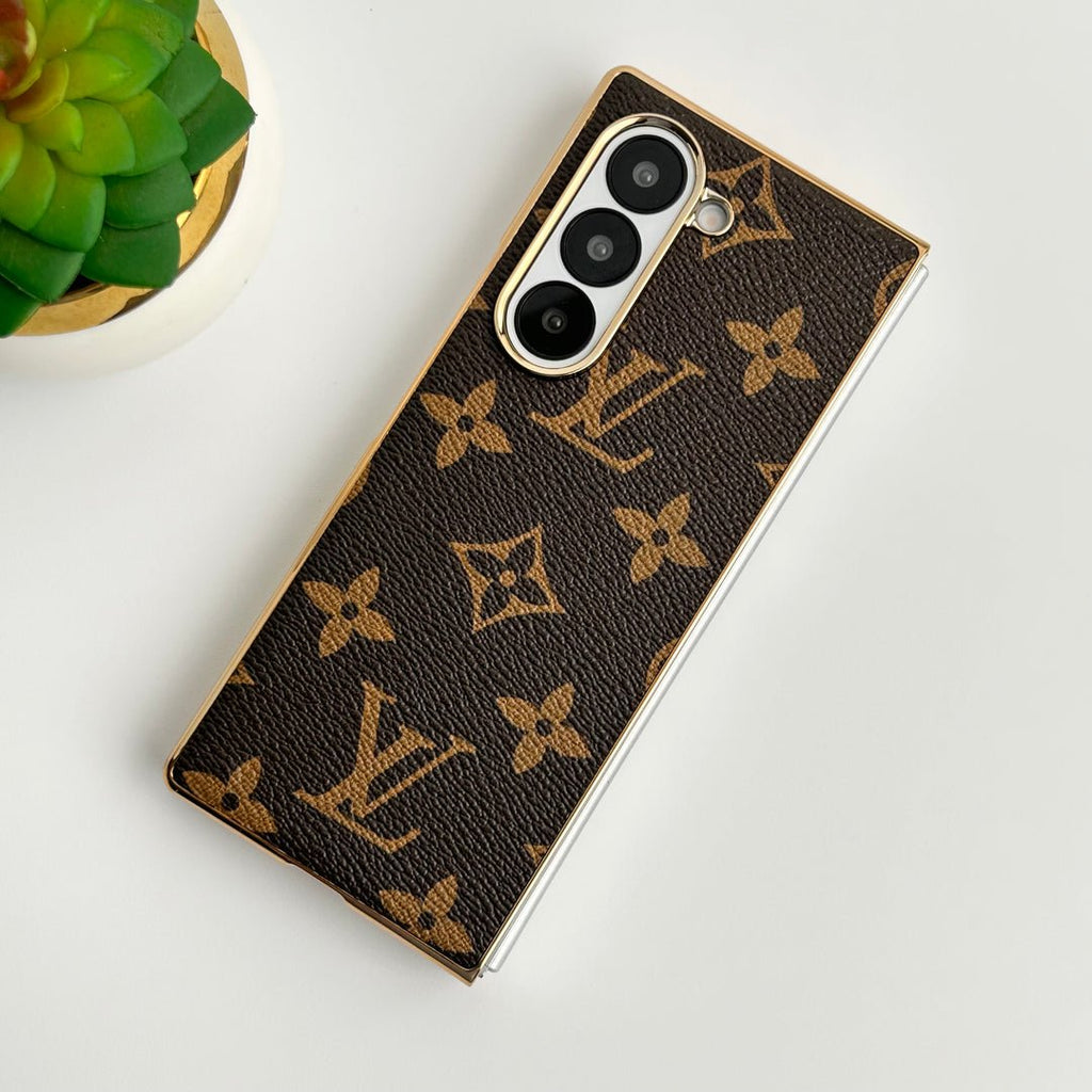 Luxury Louis Vuitton Samsung Galaxy Z Fold 7 Case – Gold Plated Leather Cover - Serene