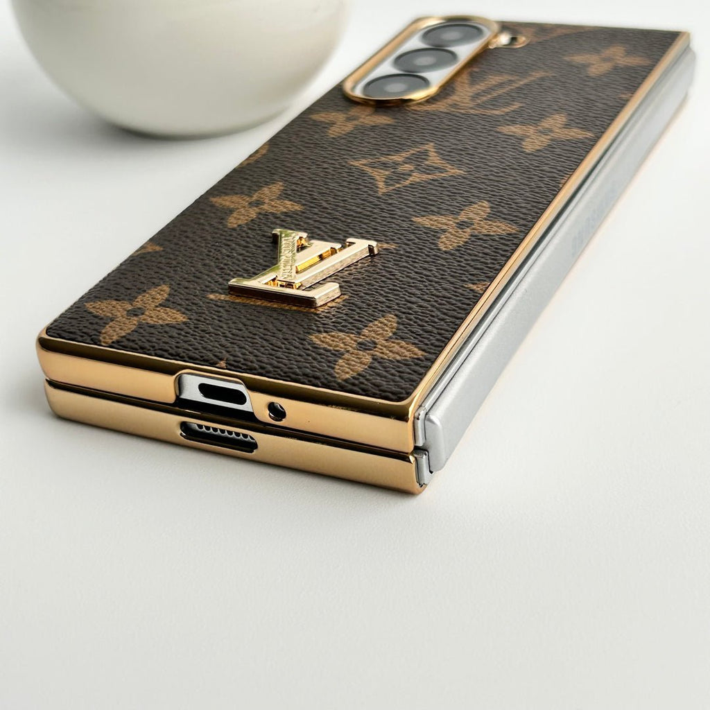 Luxury Louis Vuitton Samsung Galaxy Z Fold 7 Case – Gold Plated Leather Cover - Serene