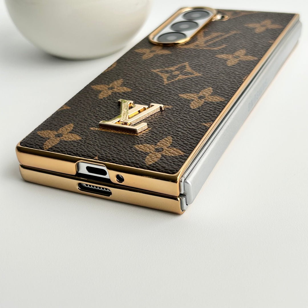 Luxury Louis Vuitton Samsung Galaxy Z Fold 7 Case – Gold Plated Leather Cover - Serene