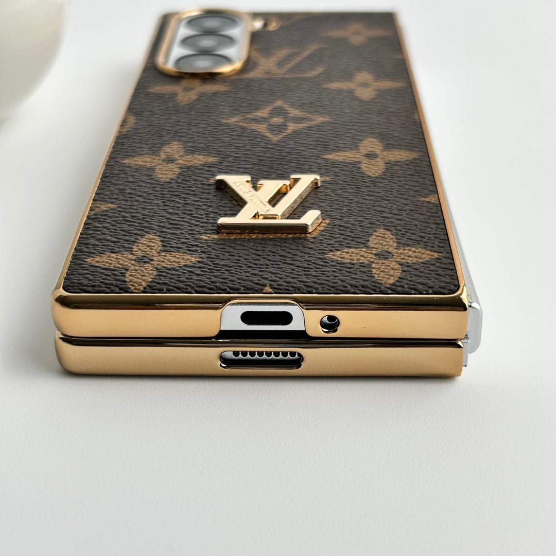 Luxury Louis Vuitton Samsung Galaxy Z Fold 7 Case – Gold Plated Leather Cover - Serene