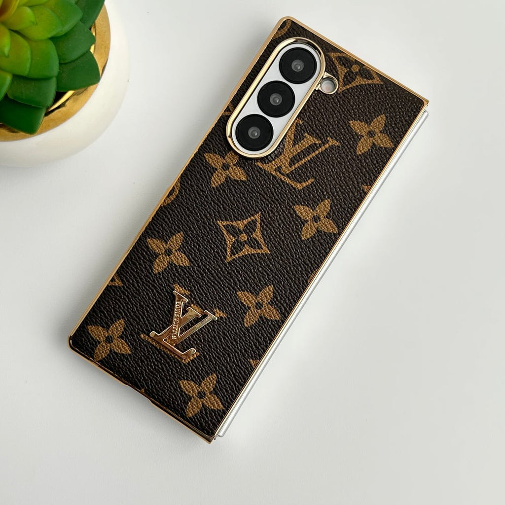 Luxury Louis Vuitton Samsung Galaxy Z Fold 7 Case – Gold Plated Leather Cover - Serene