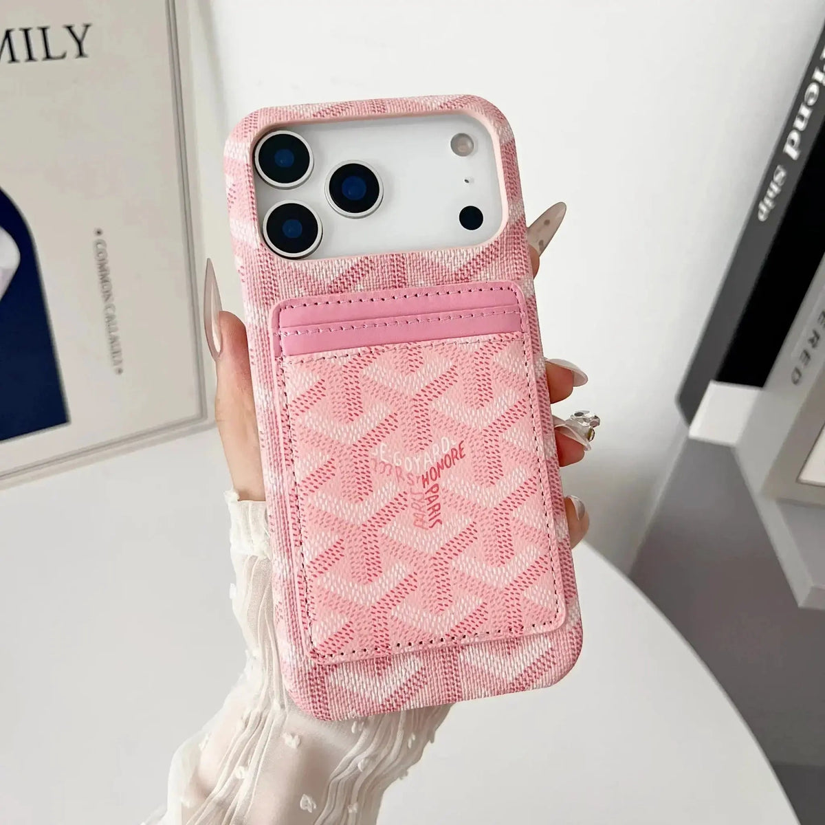 Pink Goyard iPhone 18 Pro MagSafe Case with Cardholder, Goyard Pattern - Serene
