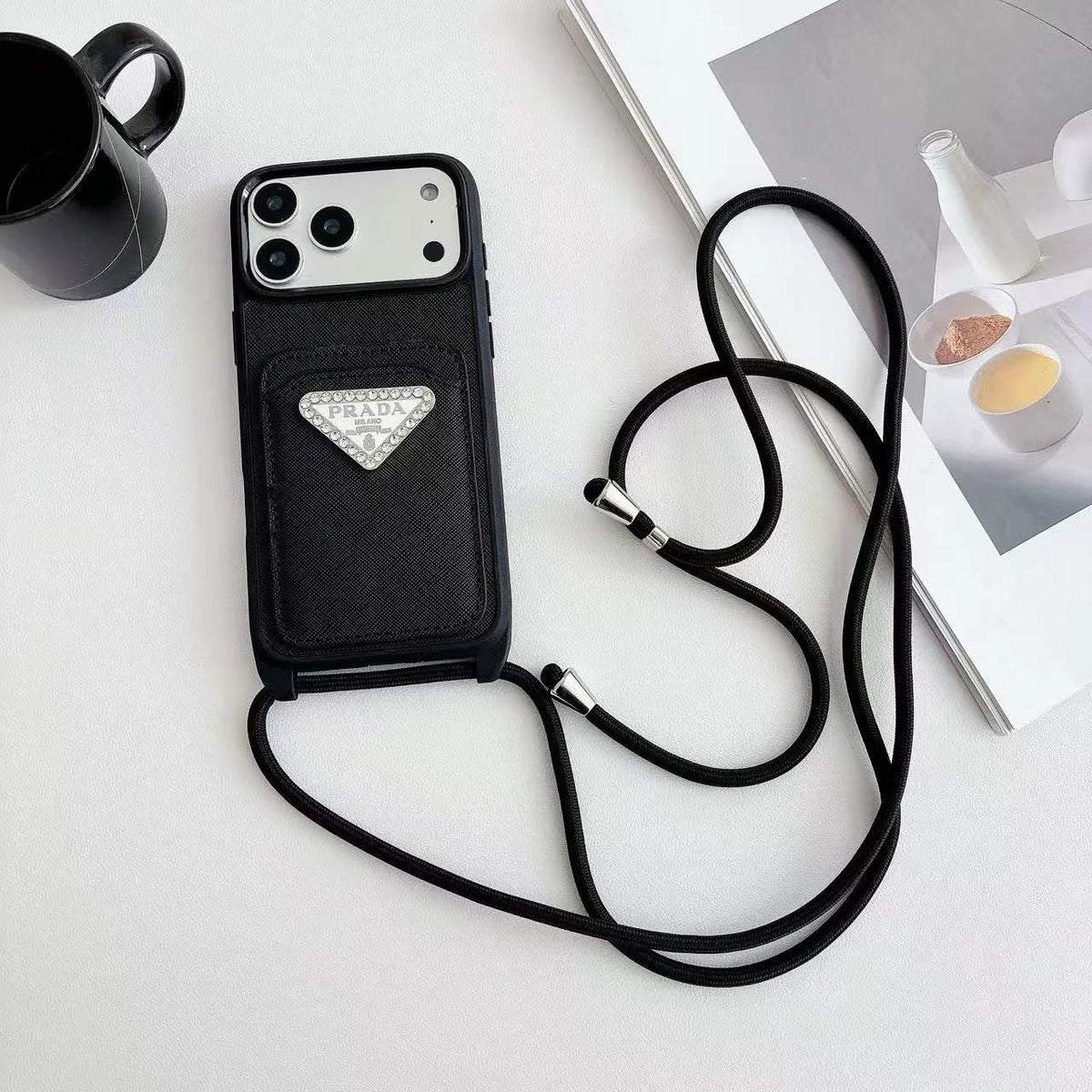 Prada iPhone 18 Pro Case with Strap & Card Holder – Luxury Designer Crossbody Phone Case - Serene
