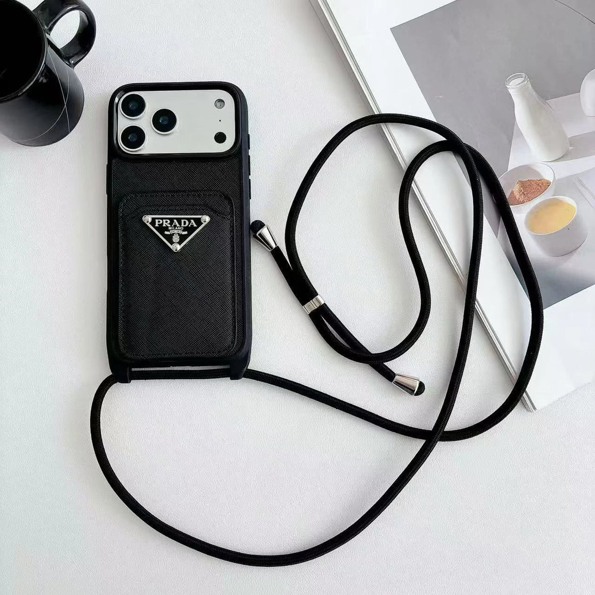 Prada iPhone 18 Pro Case with Strap & Card Holder – Luxury Designer Crossbody Phone Case - Serene