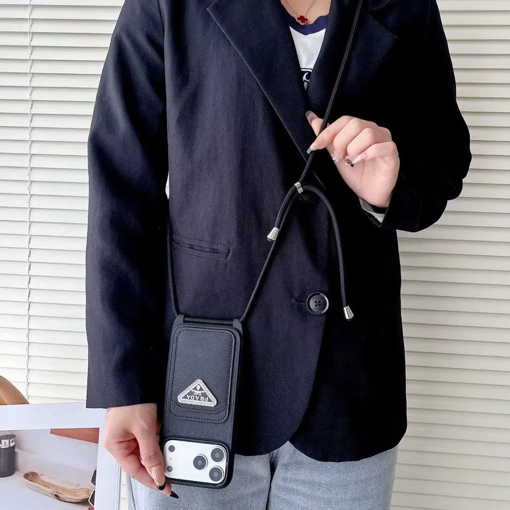 Prada iPhone 18 Pro Case with Strap & Card Holder – Luxury Designer Crossbody Phone Case - Serene