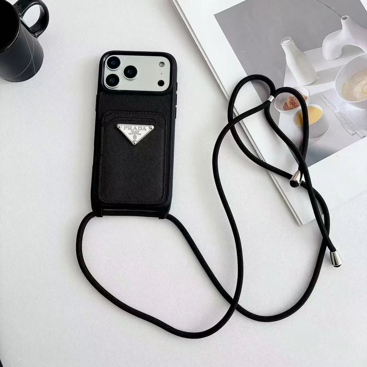 Prada iPhone 18 Pro Case with Strap & Card Holder – Luxury Designer Crossbody Phone Case - Serene