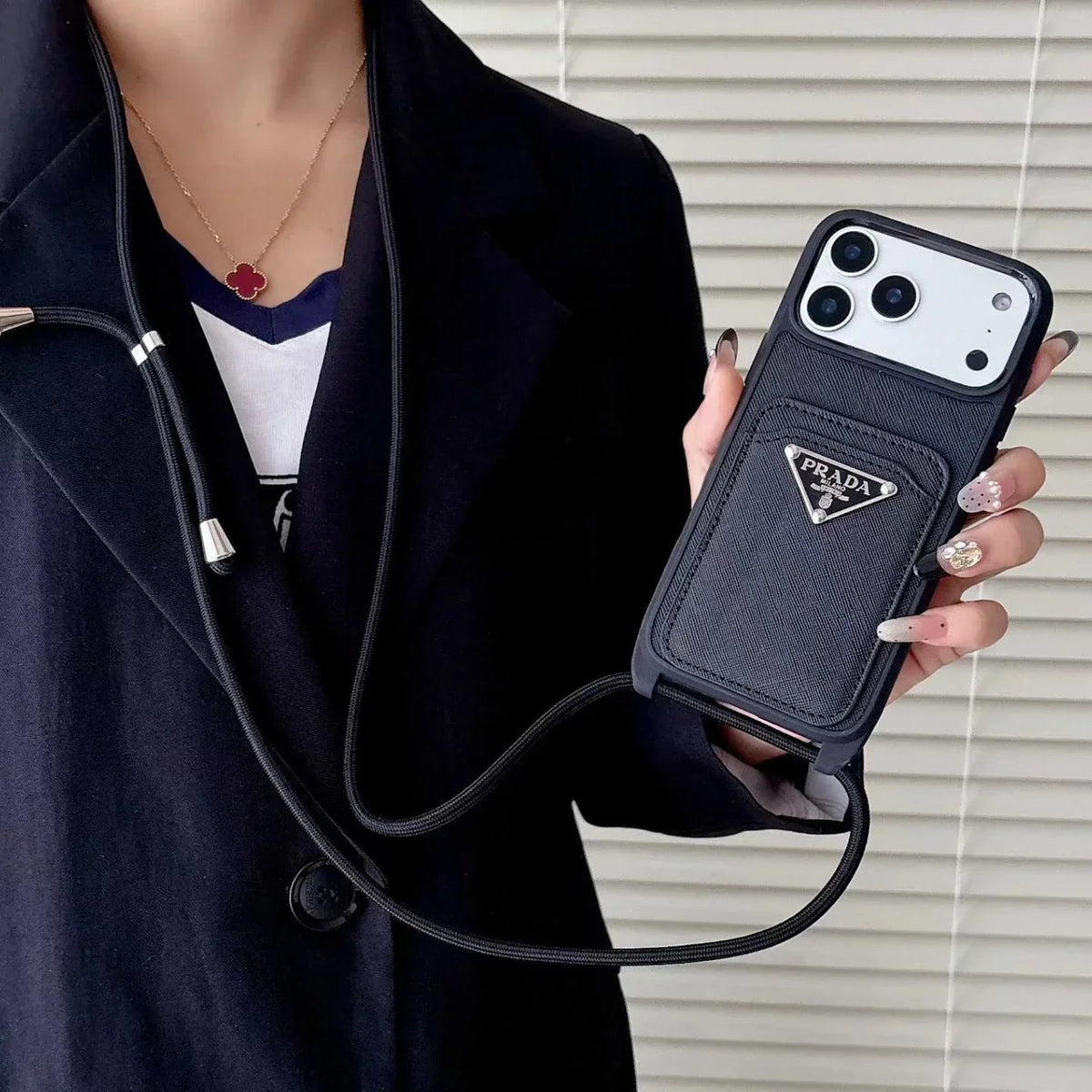 Prada iPhone 18 Pro Case with Strap & Card Holder – Luxury Designer Crossbody Phone Case - Serene