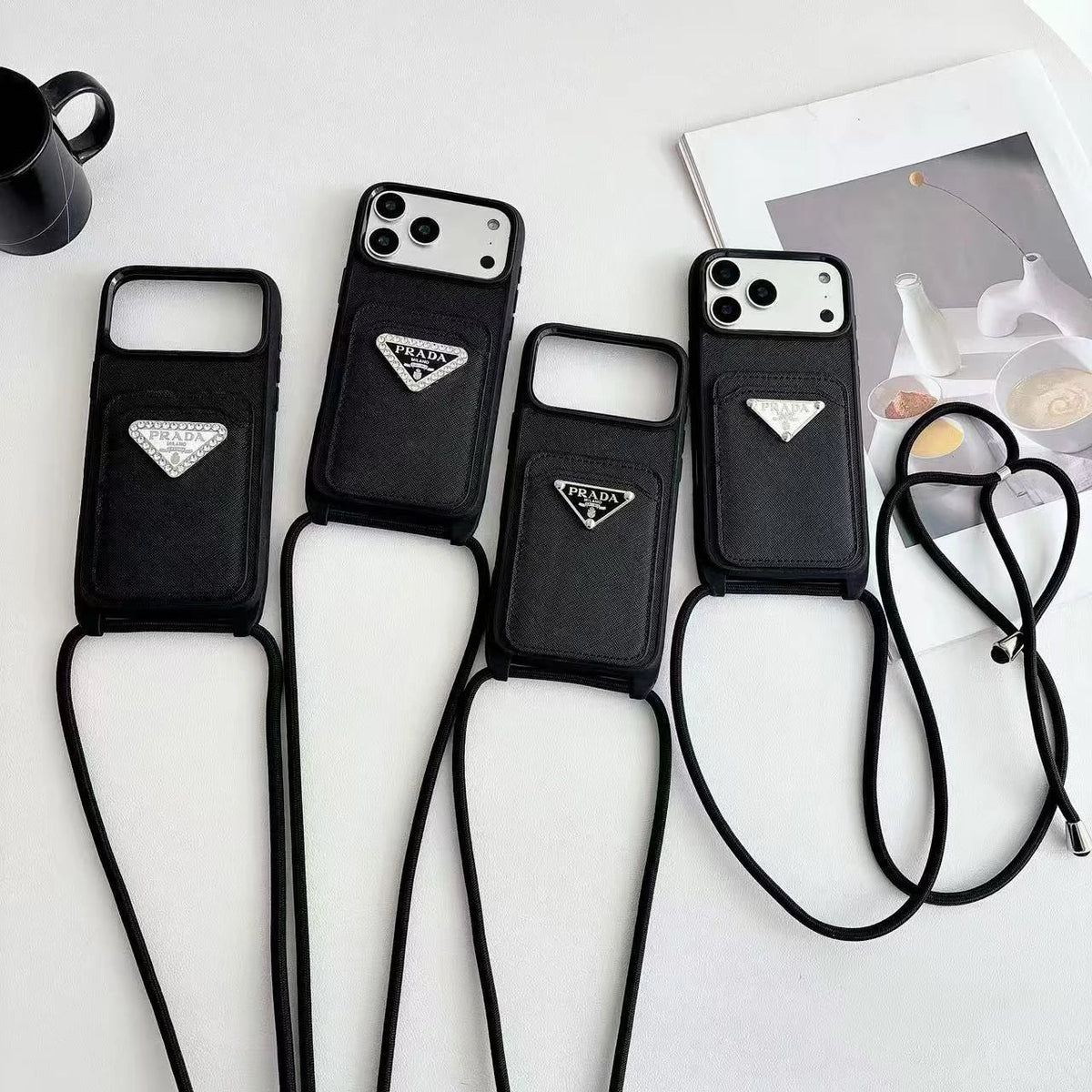 Prada iPhone 18 Pro Case with Strap & Card Holder – Luxury Designer Crossbody Phone Case - Serene