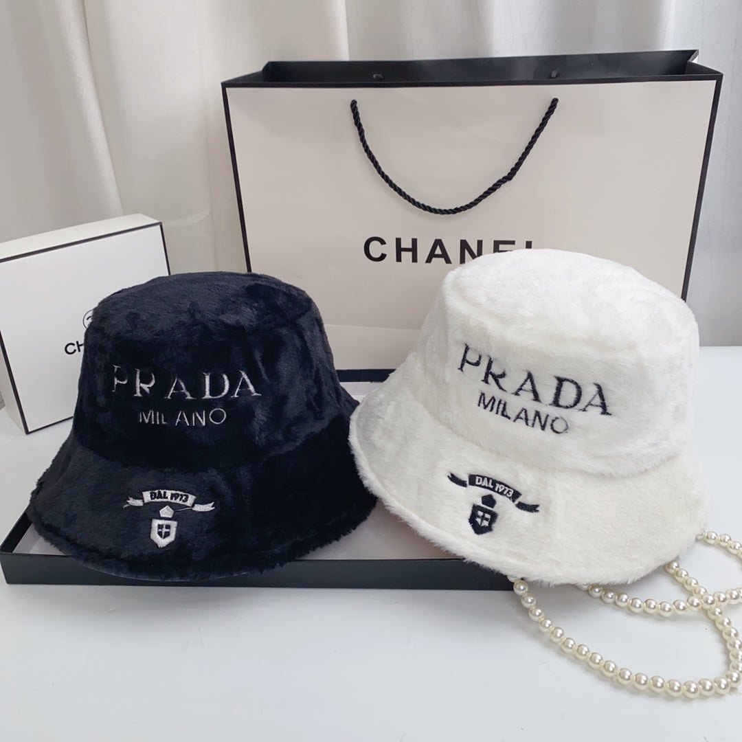 Prada Milano Plush Faux Fur Bucket Hat | Luxury Designer Winter Hat - Serene