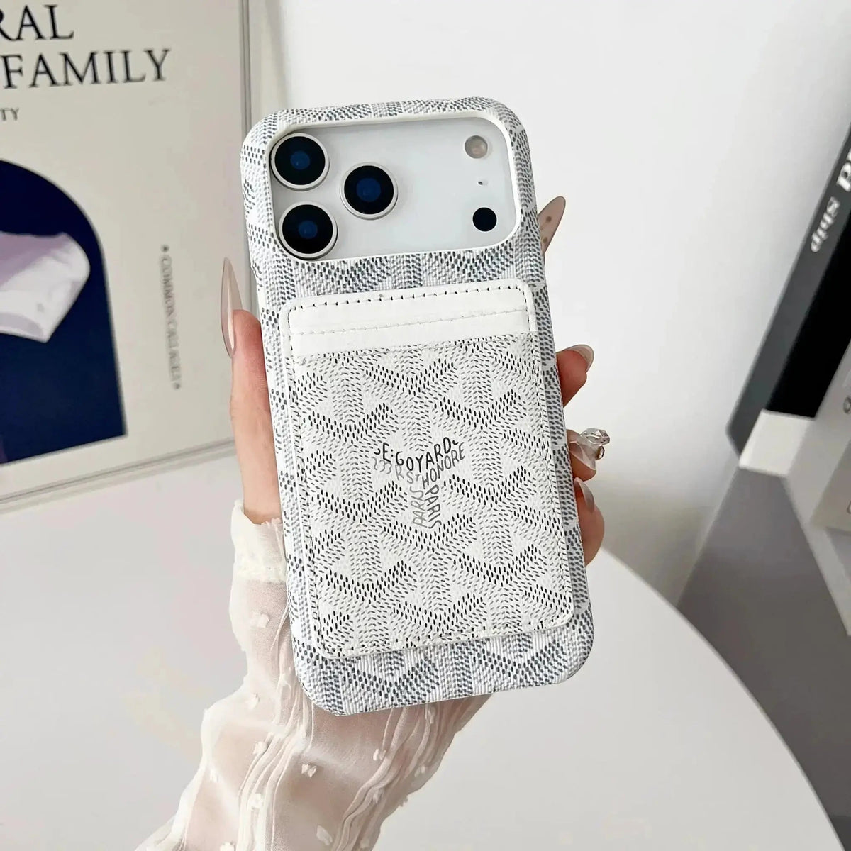 White Goyard iPhone 18 Pro MagSafe Case with Cardholder, Goyard Pattern - Serene