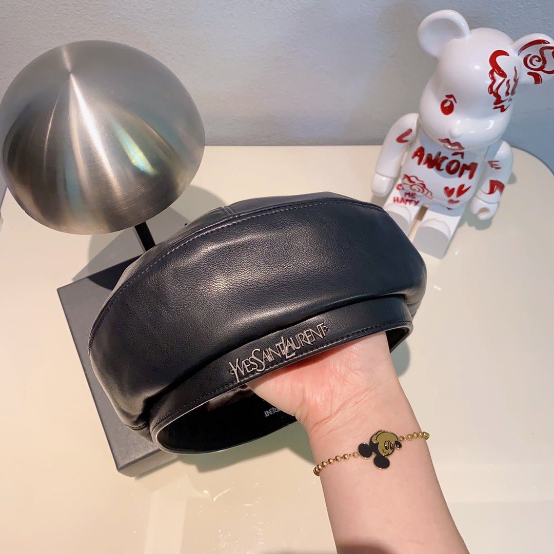 Yves Saint Laurent Pebbled Leather Beret | Luxury Designer Hat - Serene